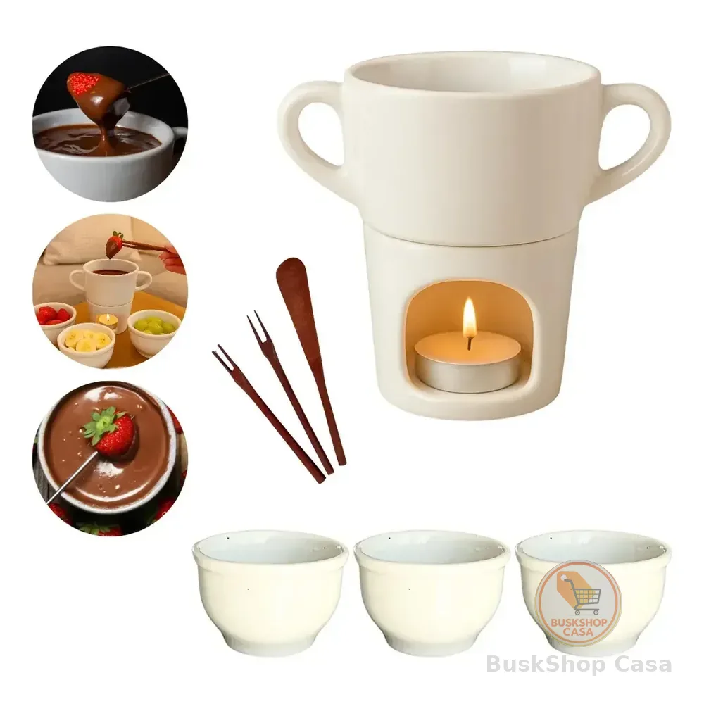 Aparelho De Fondue 7 Peças Porcelana + Velas Branco