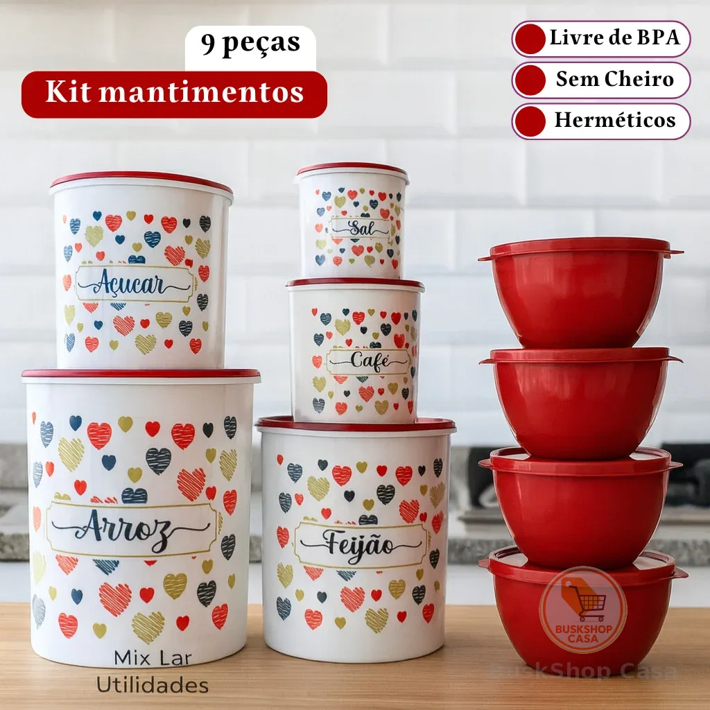 Kit de potes mantimentos 5 peças + 4 potes Boll redondos para cozinha