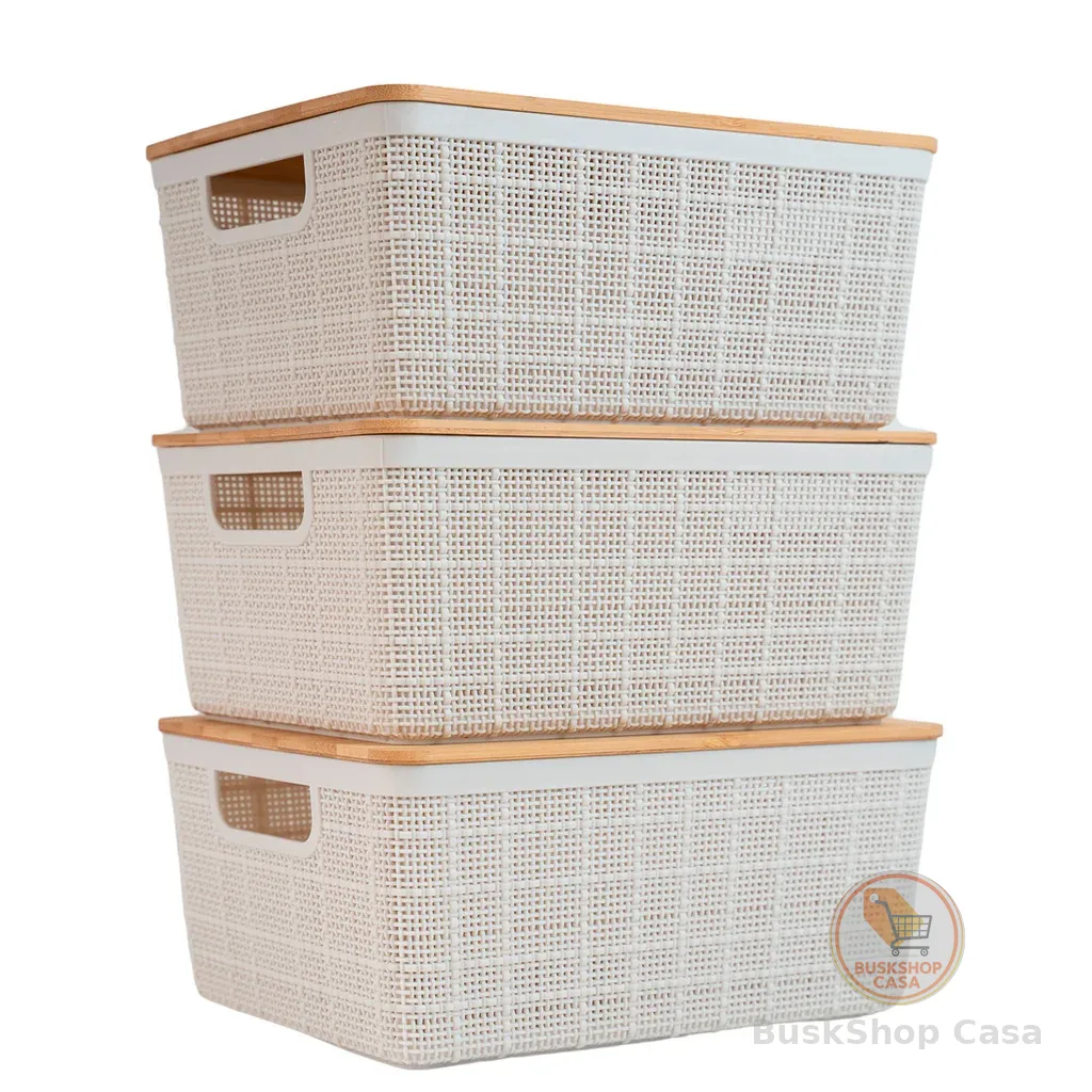 Kit 3 Caixas Organizadoras 4 Litros Brancas C/ Tampa Bambu Oikos