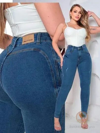 Calça jeans skinny sem bolso, levanta bumbum