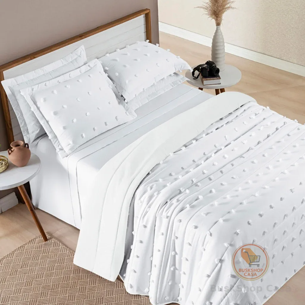 Cobre Leito Casal 300 Fios Poppy Cobre Leito Luxo Detalhe 3D e Porta Travesseiros