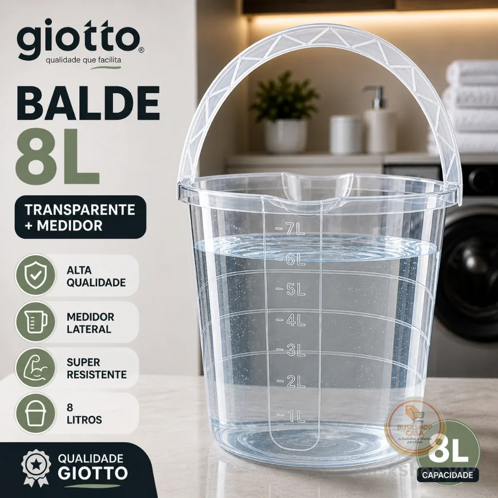 Balde 8L Com Alça C/ Medidor Transparente Ressistente Transparente Cozinha Lavanderia Limpeza Giotto