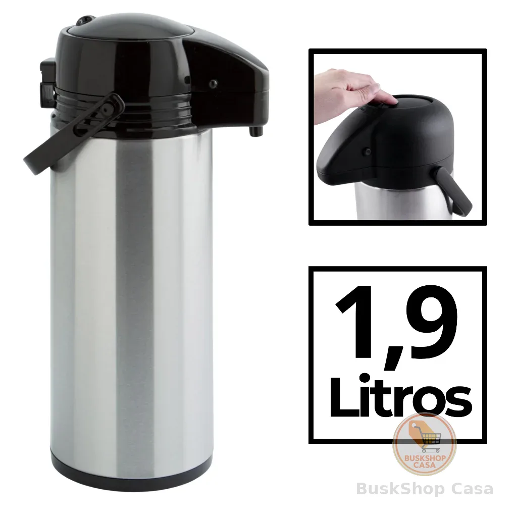 Vittak Garrafa Térmica Inox Café 1L e 1,9L De Pressão Apertar Hotel Pousada Bebidas Quentes Frias Chá Leite Suco
