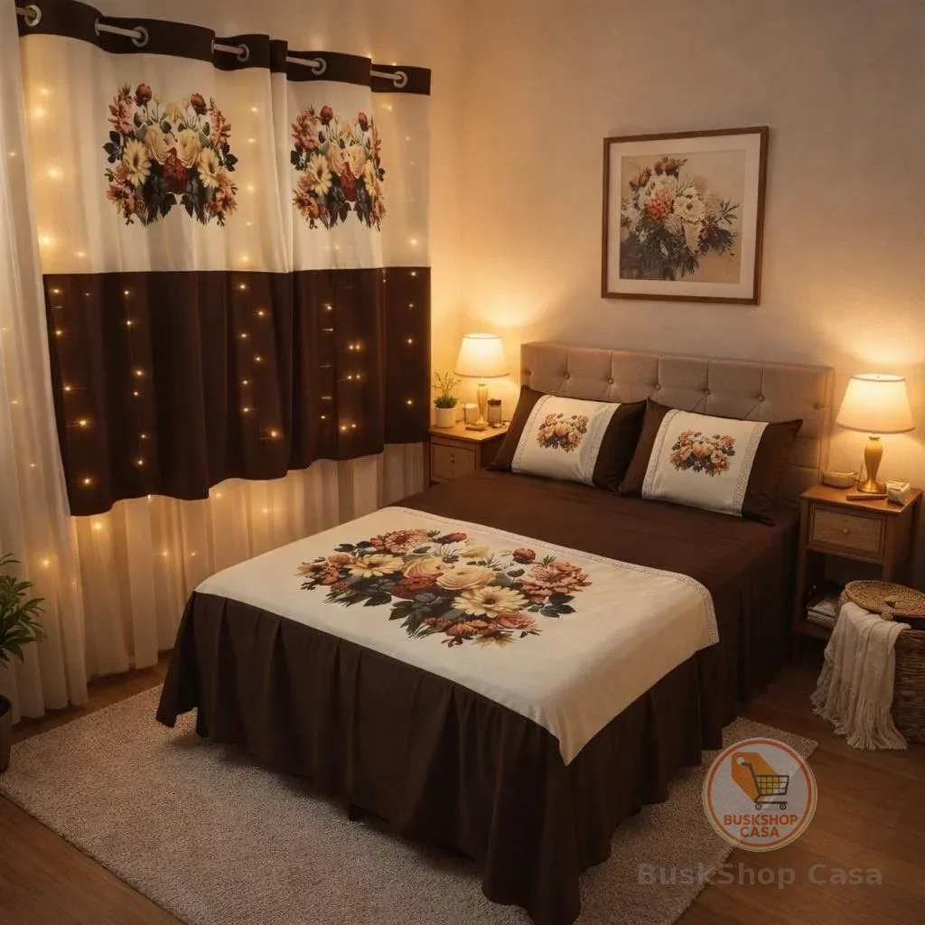 kit de quarto casal floral 5 peças, colcha com babado medindo 2.45m x 2.50m e duas cortinas para janela