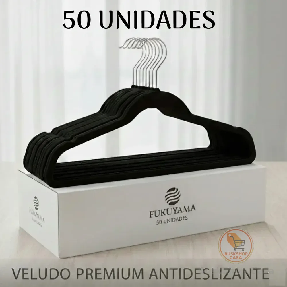 Kit 50 Cabides De Veludo Preto Fukuyama Com Gancho Giratório 360° Antideslizante Slim