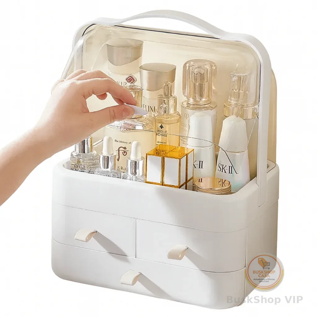Organizador de Maquiagem com Tampa e Gavetas Porta Cosméticos Luxo, Acrílico Transparente Moderno - Guarda Itens Beleza