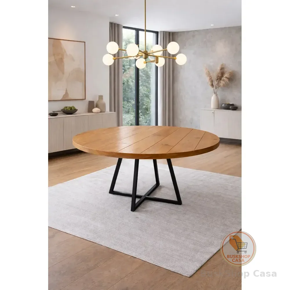 Mesa Industrial Redonda 130cm Madeira Maciça 8 A 10 Lugares Amêndoa Preto