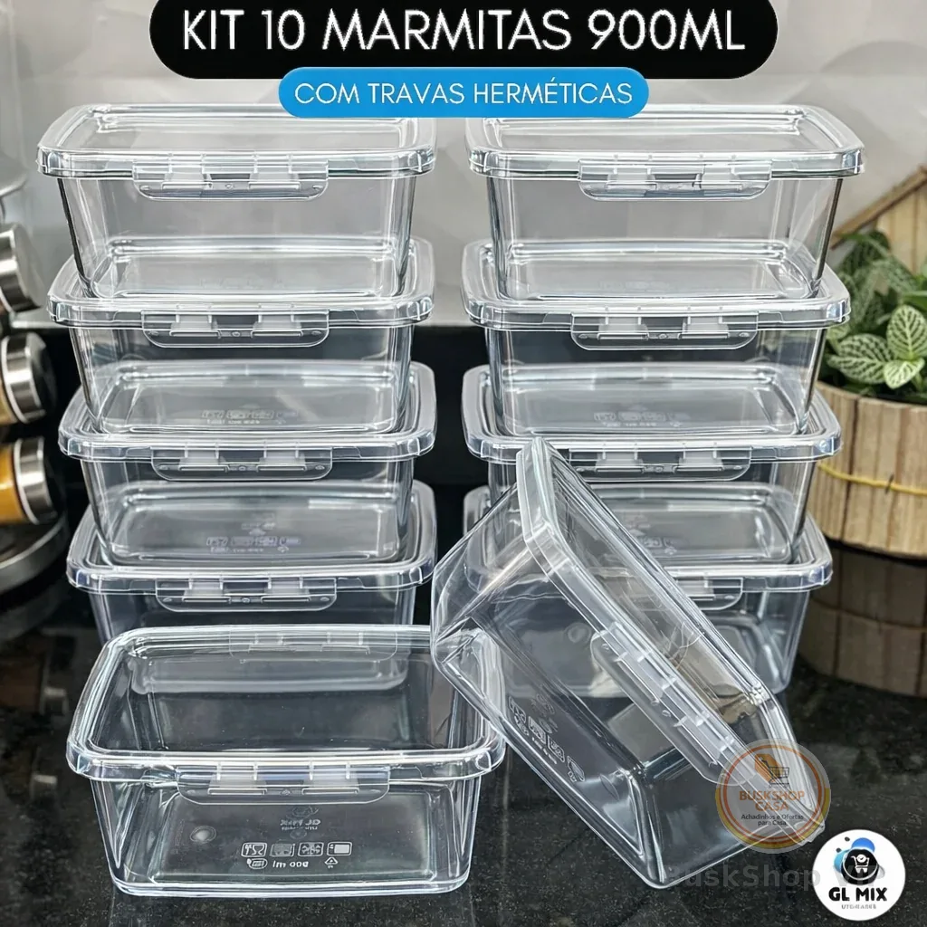 Kit 10 Marmitas com Travas 900ml BPAFREE Pote Plástico Freezer Microondas Fitness Refeição Alimento