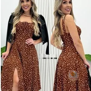 Vestido  Feminino  Midi Duna Estamapado Floral com Fenda – Tecido Leve, Alças Largas, Estilo Casual e Romântico