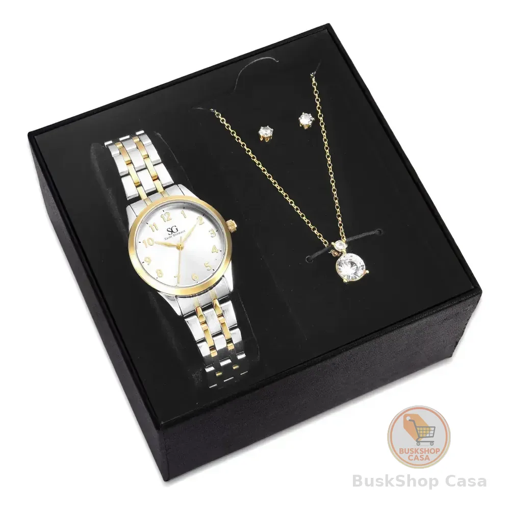 Kit Relógio Colar E Brincos Ponto De Luz Dourado E Prateado Feminino Luxo Saint Germain 28mm