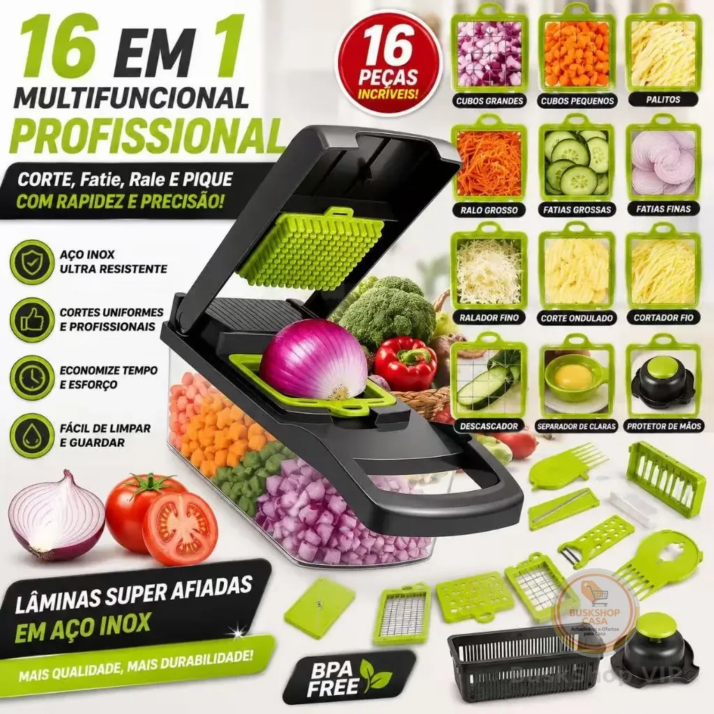 Kit 16 Fatiador de legumes cortador verduras multifuncional profissional em aço inoxidável 16 em 1