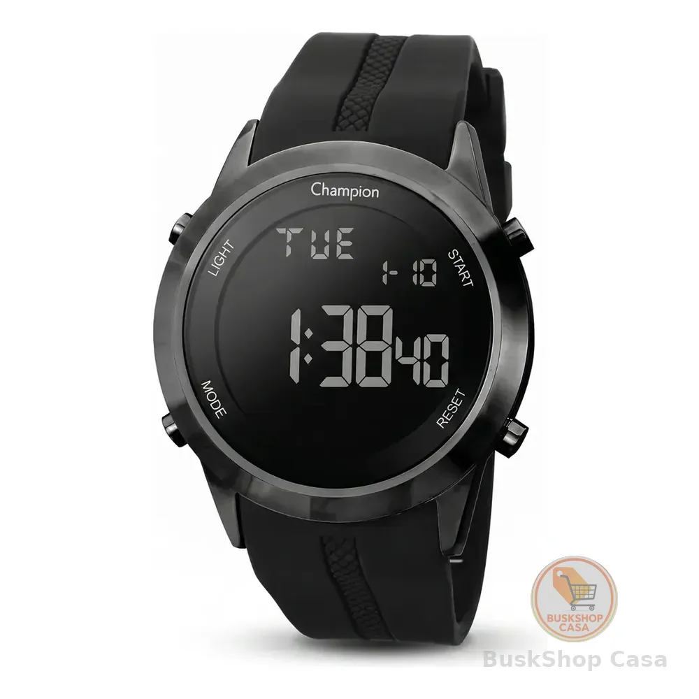 Relógio Masculino Esportivo Champion Digital 45 Milímetros Com Pulseira De Silicone Preta Macia Prova D´agua 50 Metros Preto
