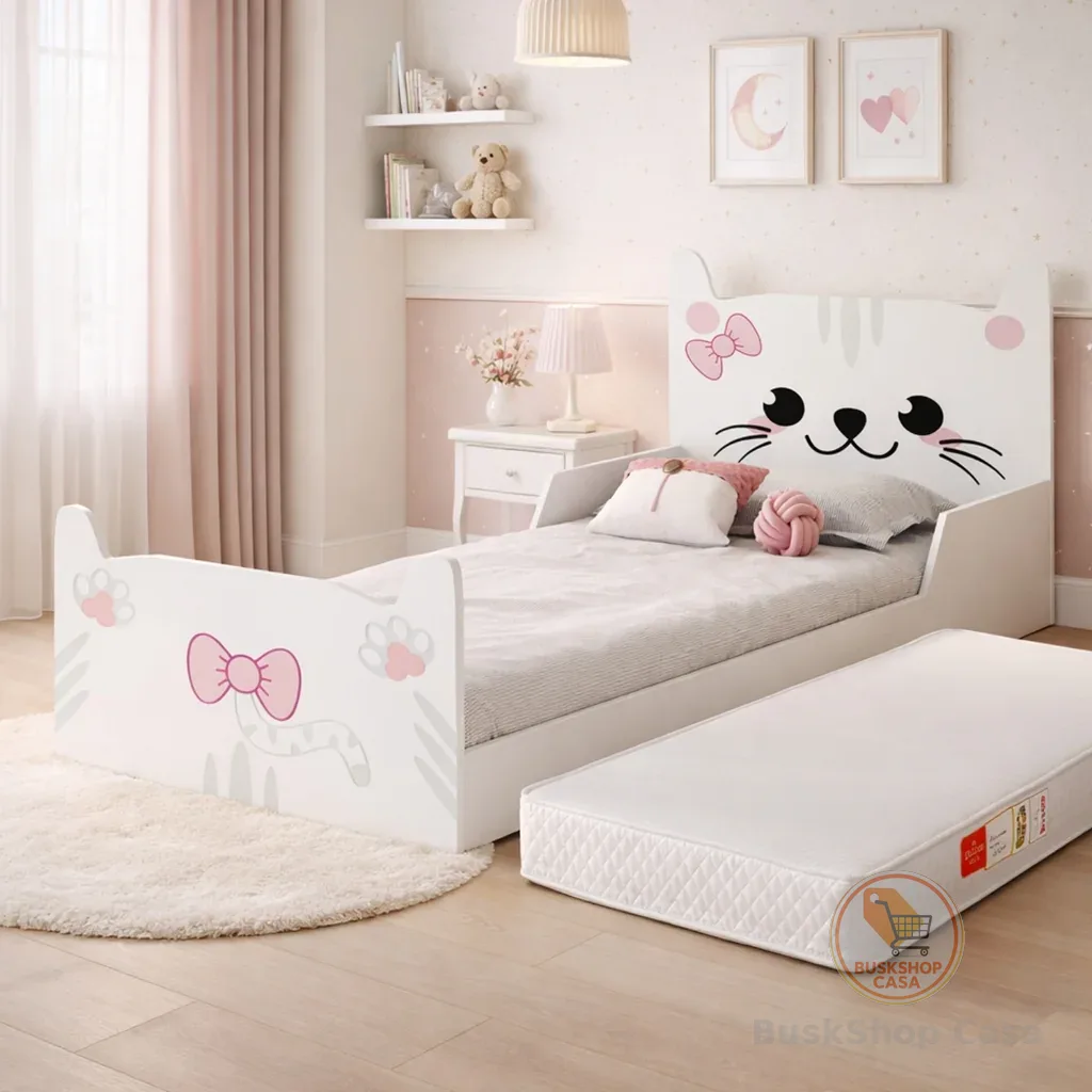 Cama Infantil Gatinho Branco Rosa em MDF Juvenil  para Quarto de Menina montessoriana com colchão