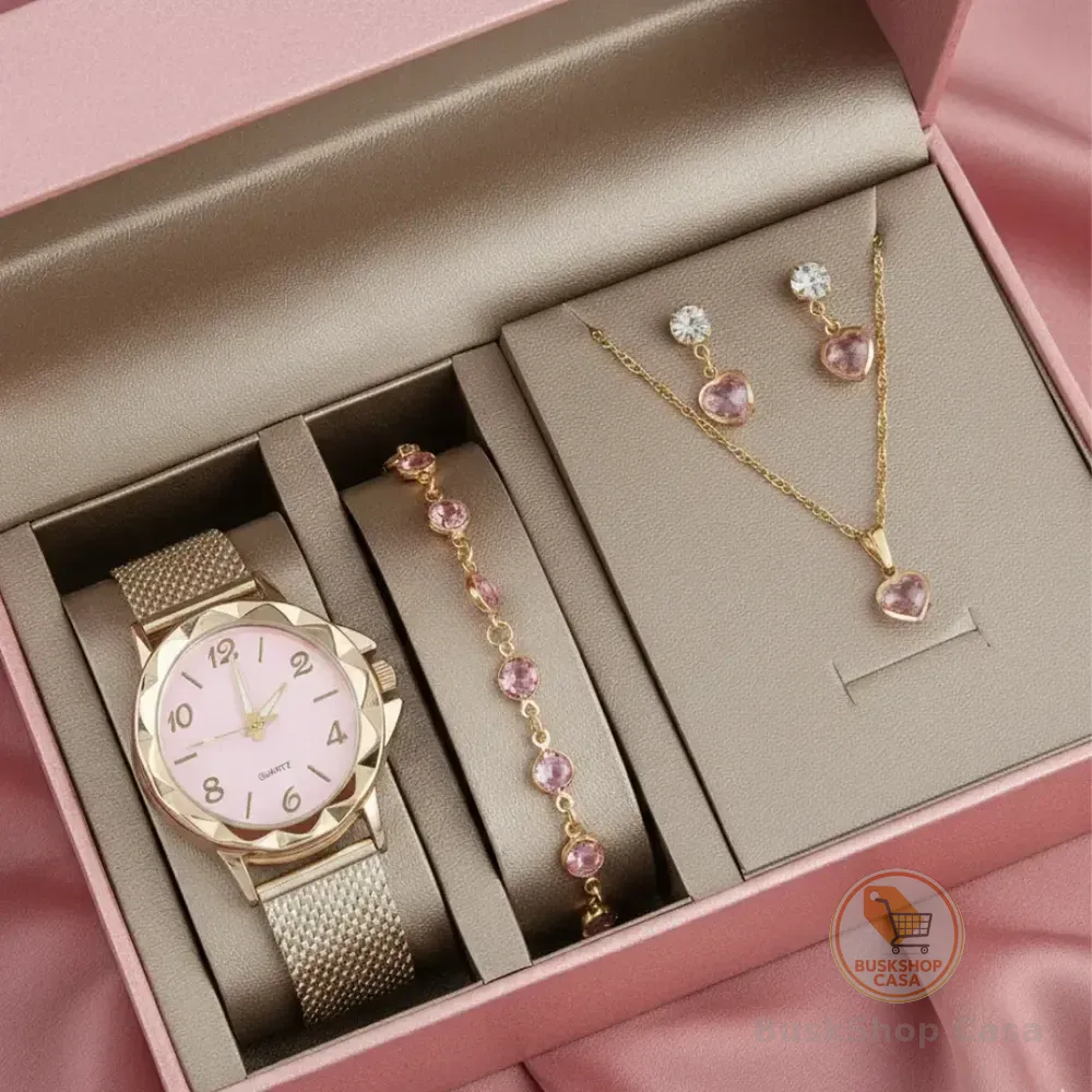 Relógio Feminino+ Kit Colar Pulseira Brincos Folheado A Ouro Dourado-rosa