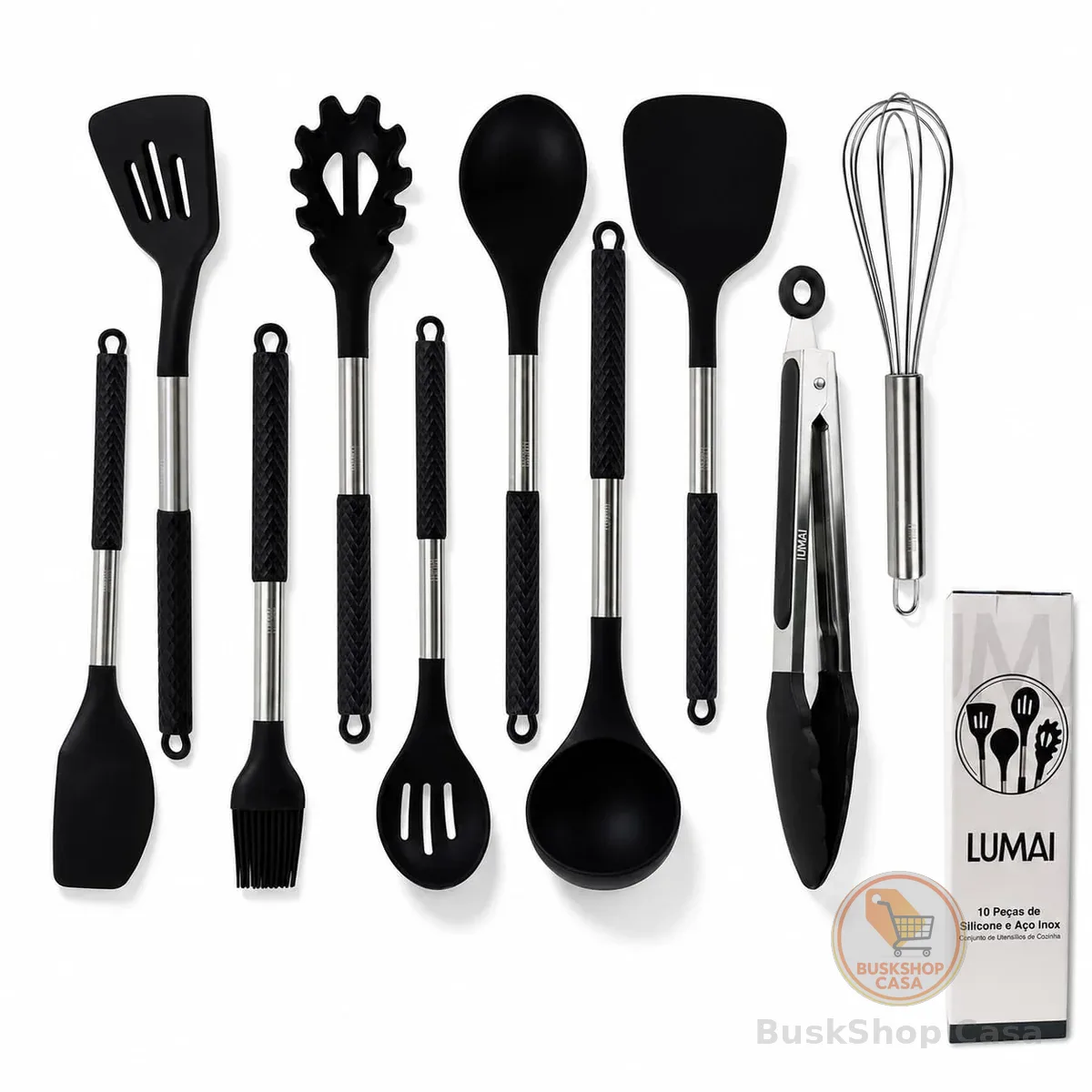 LUMAI Kit Utensílios de Cozinha Inox e Silicone 10 Peças com Suporte - Preto