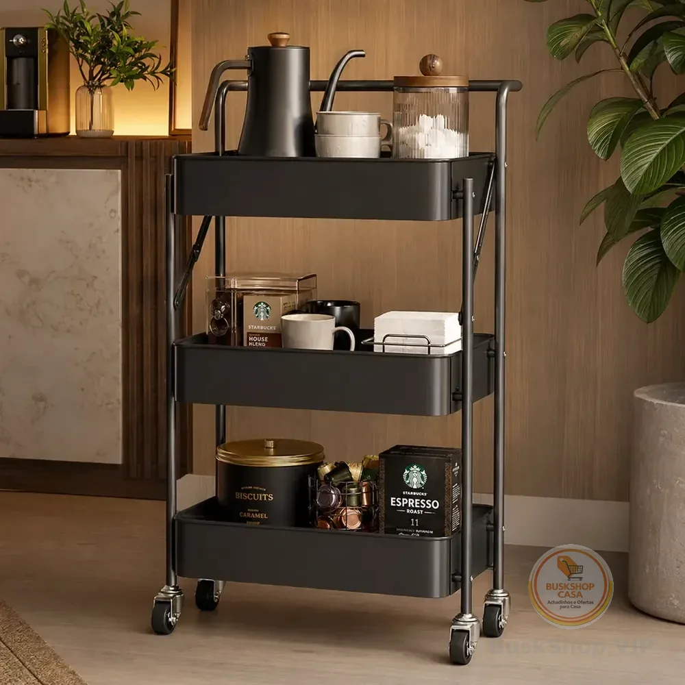 Carrinho Organizador Multiuso 3 Andares Metal Salão Cozinha Preto