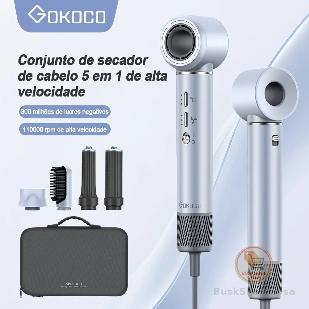 GOKOCO Secador De Cabelo Com 5 Em 1 GD023 Escova Magnético Multifuncional De Alta Velocidade Com Alisar Enrolar Hot Air