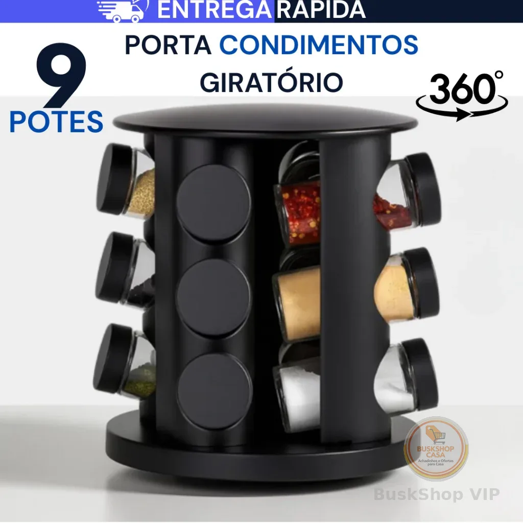 Porta Temperos Profissional Giratório 9 Potes Vidro Tampa Dosadora Condimentos PROMOÇÃO LIMITADA
