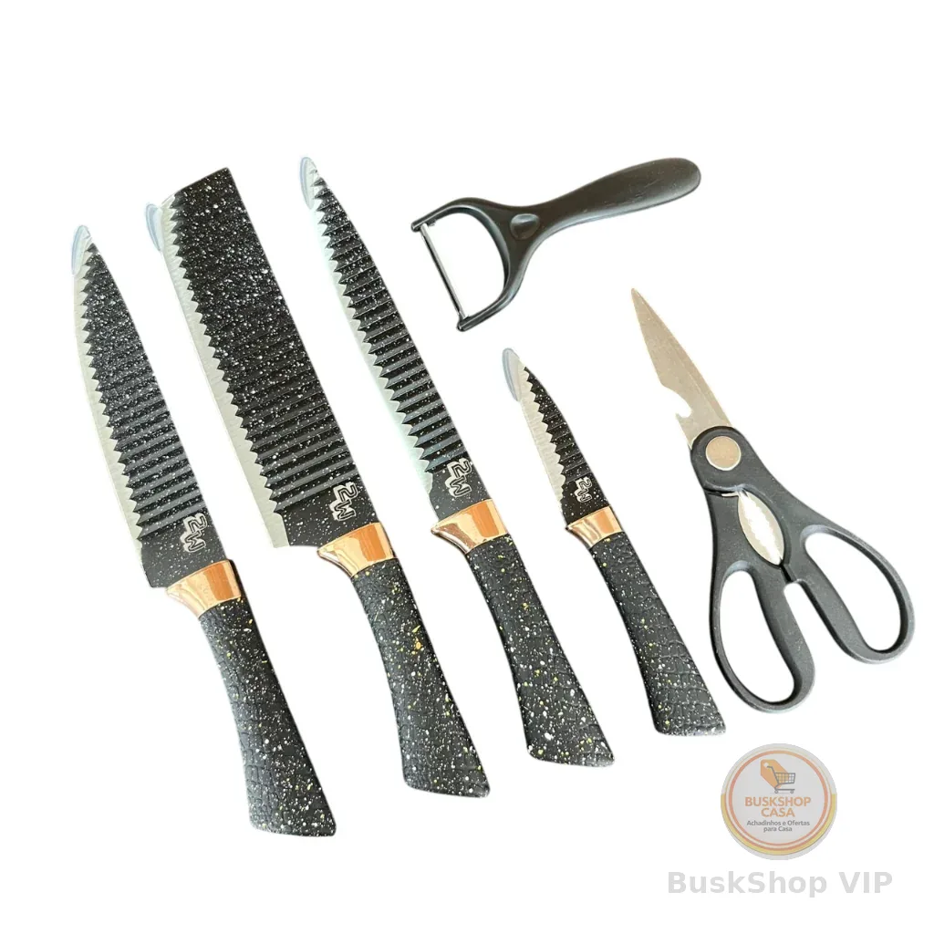 Kit Facas De Cozinha 6 Peças + Tesoura + Descascador Premium