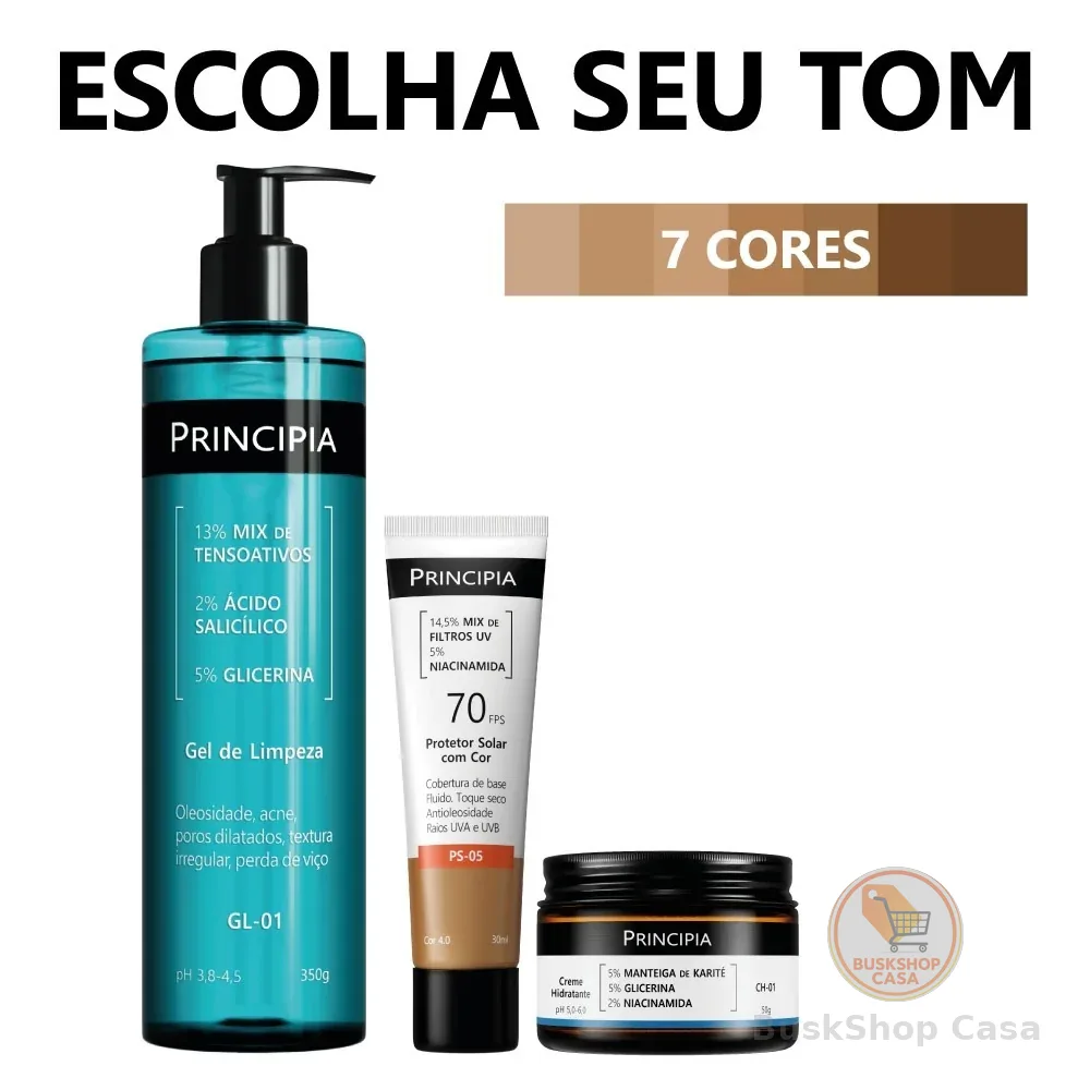 Principia Kit Limpa Hidrata e Protege c/ Gel de Limpeza GL-01 + Creme Hidratante CH-01 + Protetor Cor PS-05 FPS 70