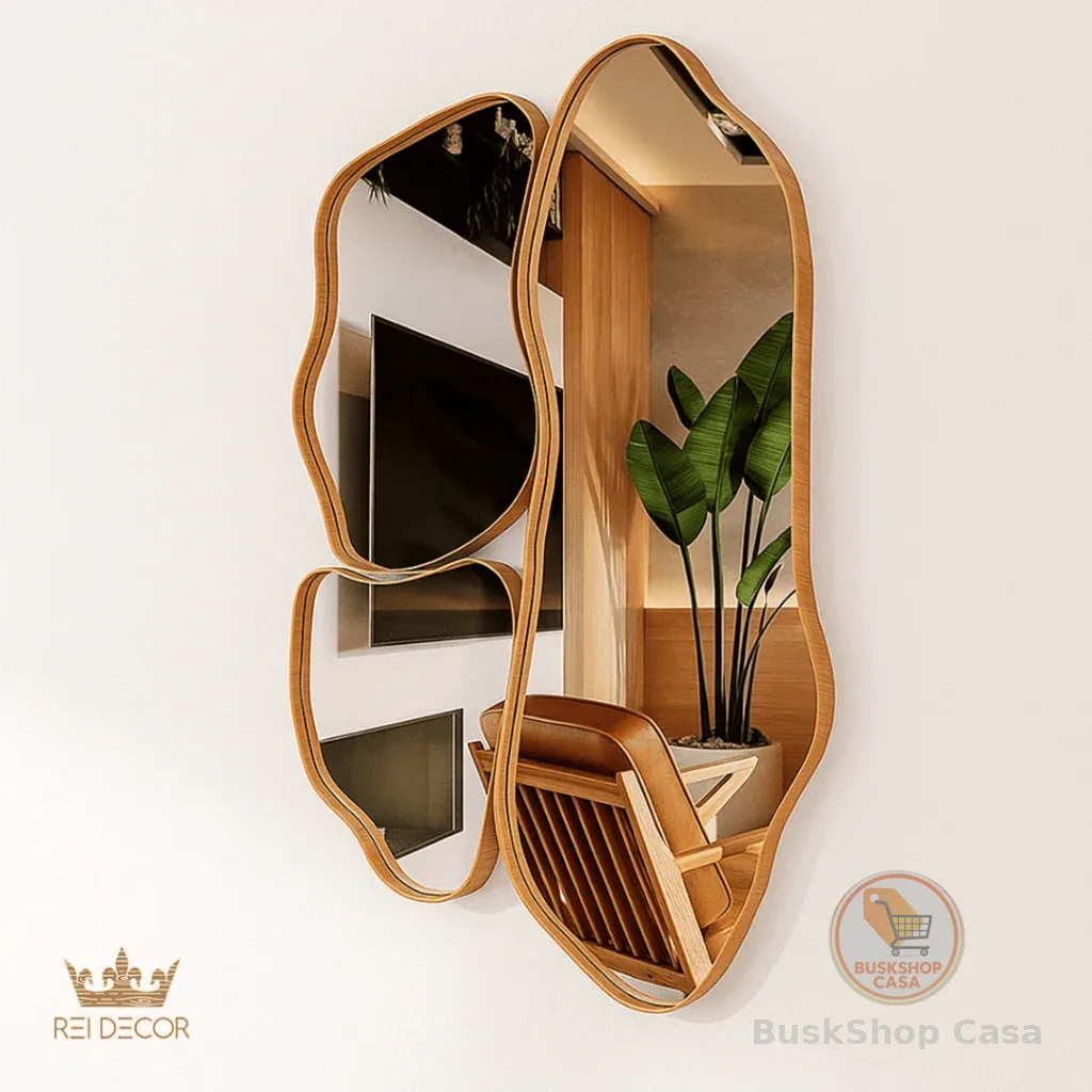 Kit 3 Espelhos Orgânicos Slim Decorativos Cinamomo Moldura Amadeirada Assimétricos c/ Suporte