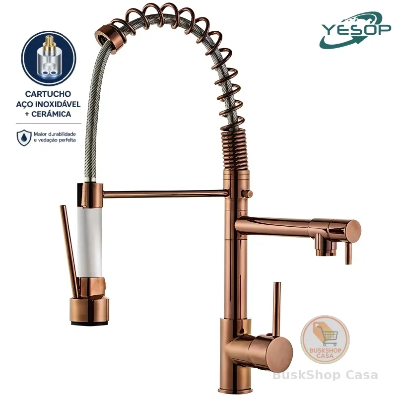 Torneira Cozinha Gourmet Rose Gold Luxo Misturador Monocomando Flexível de Mesa Inox Yesop