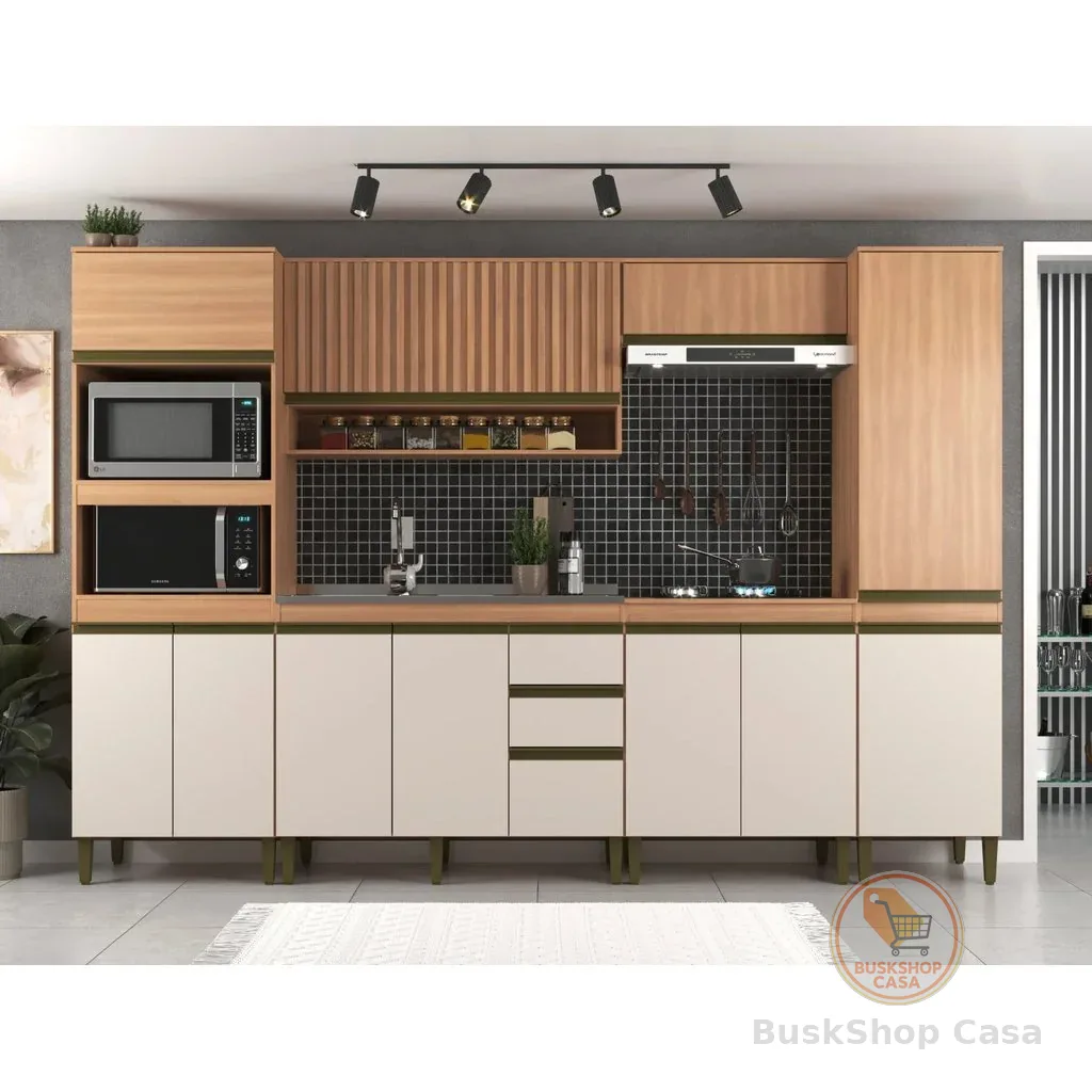 Cozinha Completa Modulada 6 Peças 11 Portas com Torre Quente Paneleiro e Aéreo Ripado Cecília Marrom/Freijó/Off