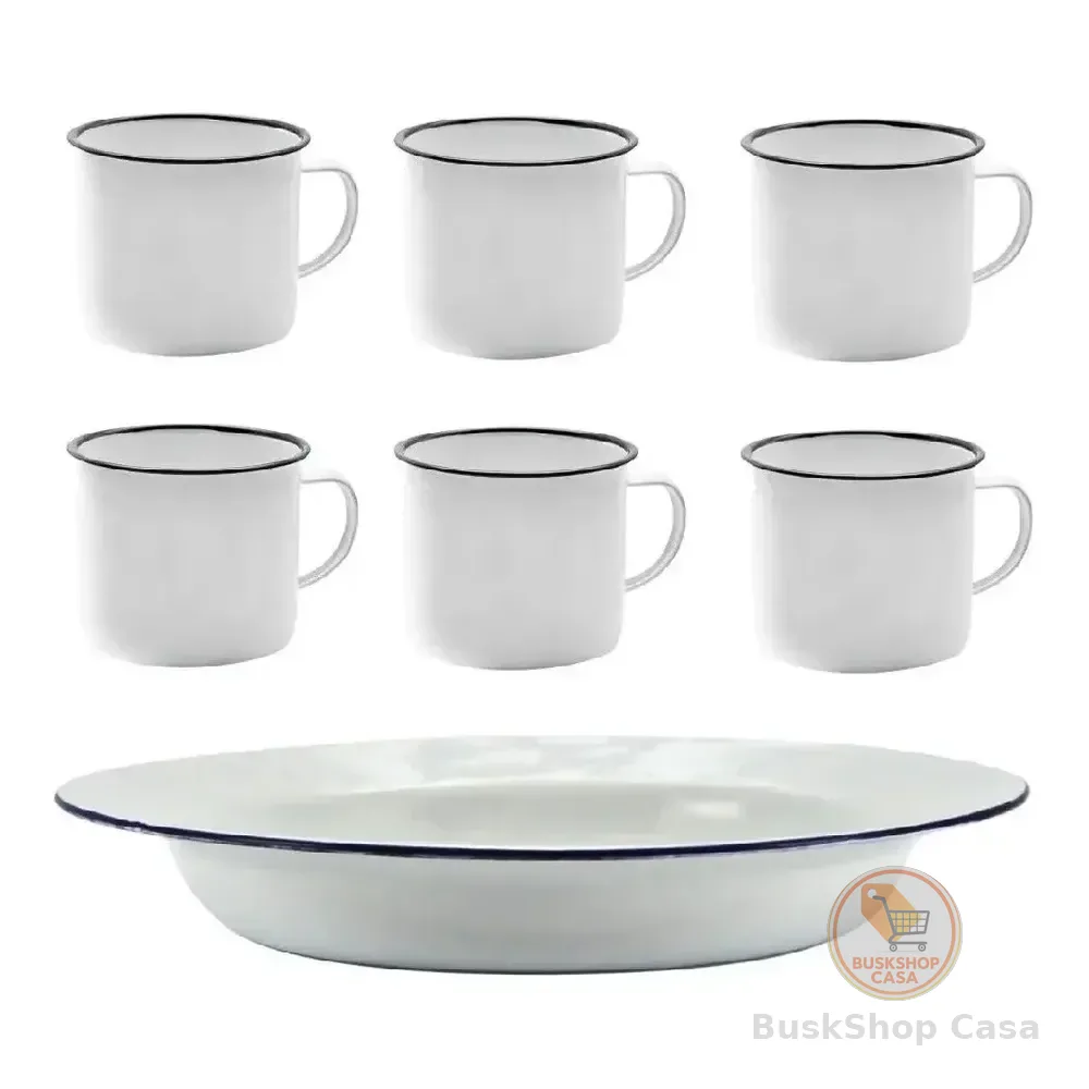 Kit 6 Pratos E 6 Canecas Esmaltados Brancos Alumínio Yazi Branco