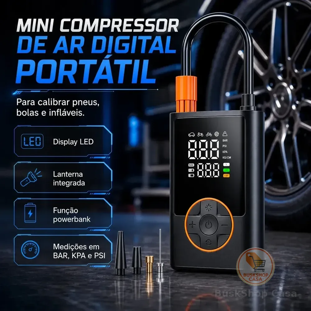 Compressor Portátil Car Air Pump Digital Com Visor Para Carro Moto Bike Calibrador De Pneu Multifuncional Preto 127/220v 50 Hz/60 Hz Monofásica