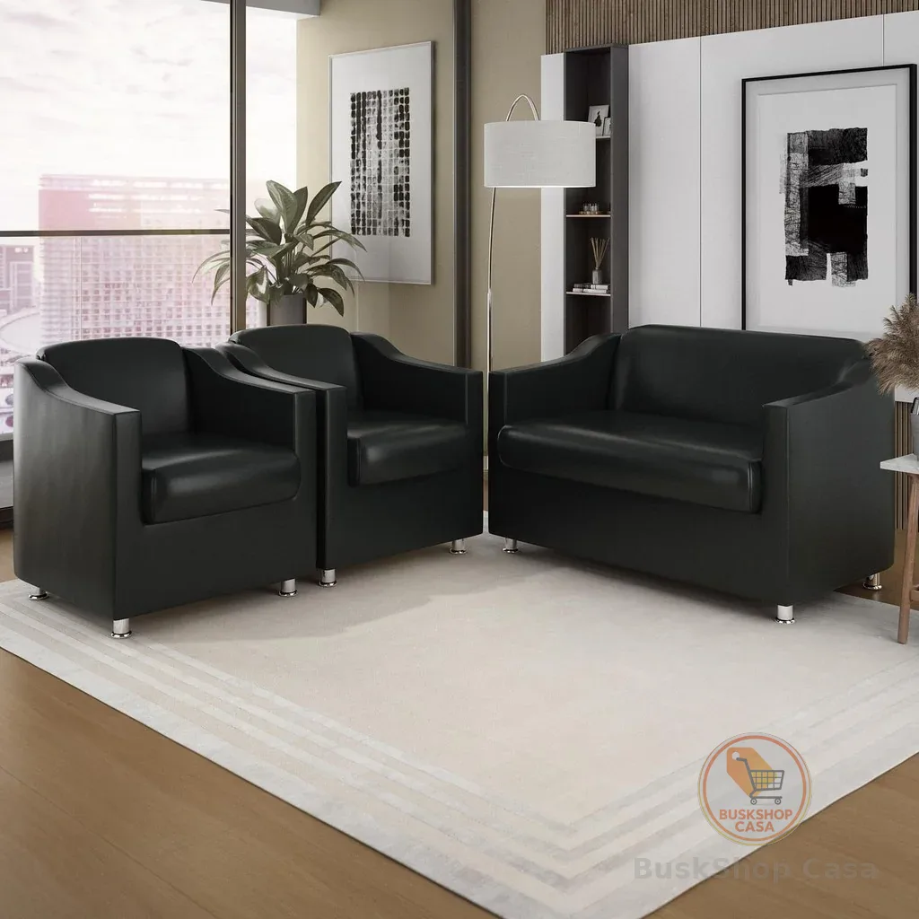 Kit Sofá Namoradeira + 2 Poltronas Decorativa Tecido Courino