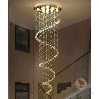 Lustre Cristal K9 Espiral 2 Metros – Base Inox 50cm com 7 Soquetes GU10