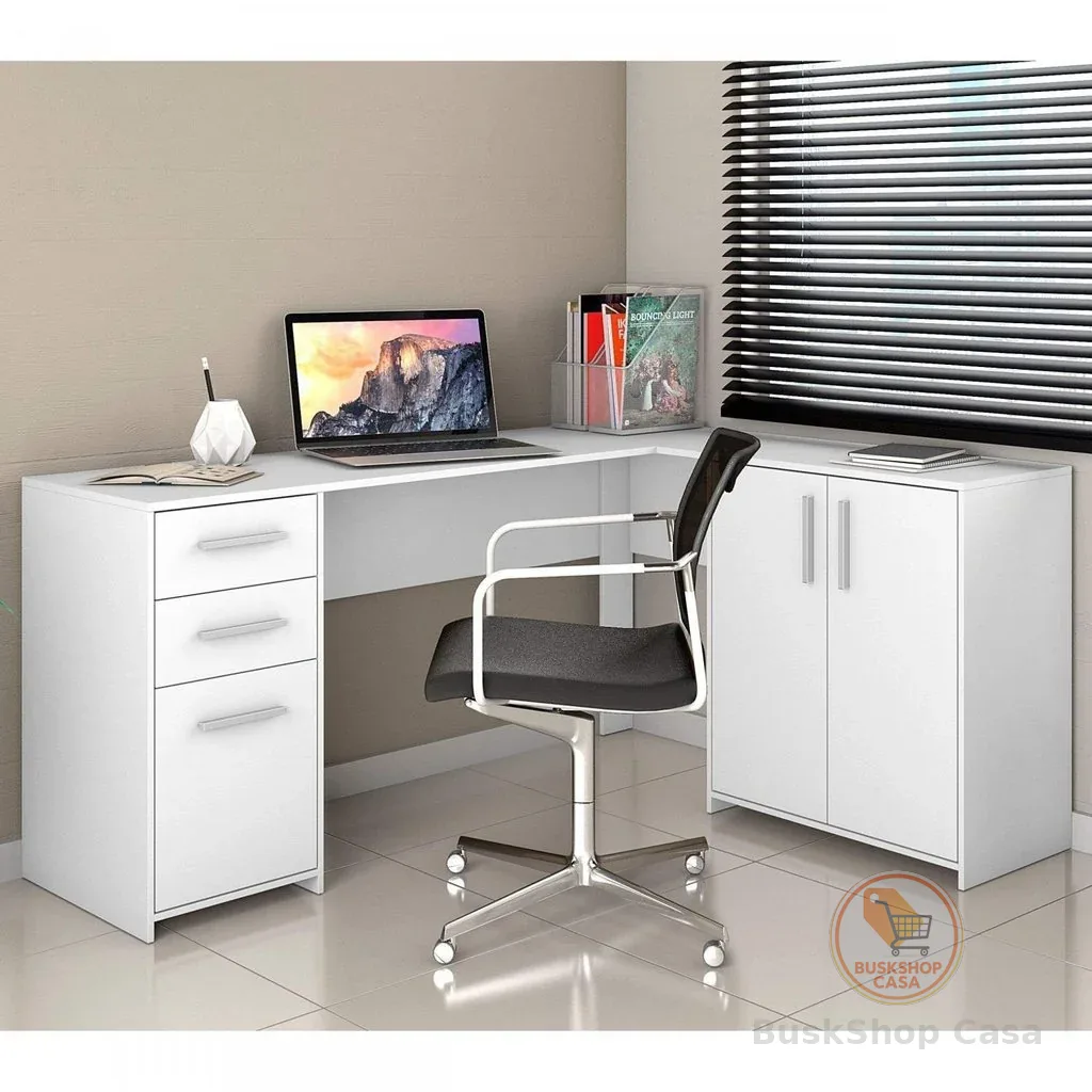 Escrivaninha Mesa Escritório em L Office Nt 2005 2 Gavetas 3 Portas 157cm Branco New Branco