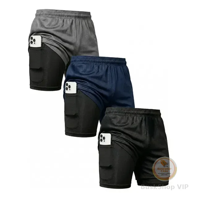 Kit 3 Shorts 2 Em 1 Duplo Bolso Para Academia Treino Corrida