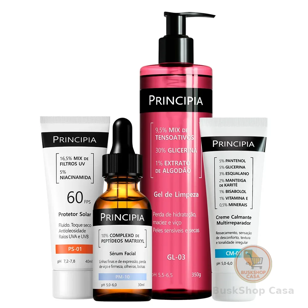 Principia Kit Antissinais Peles Sensíveis c/ Gel de Limpeza GL-03, Creme CM-01, Sérum PM-10, Protetor Solar PS-01 FPS 60