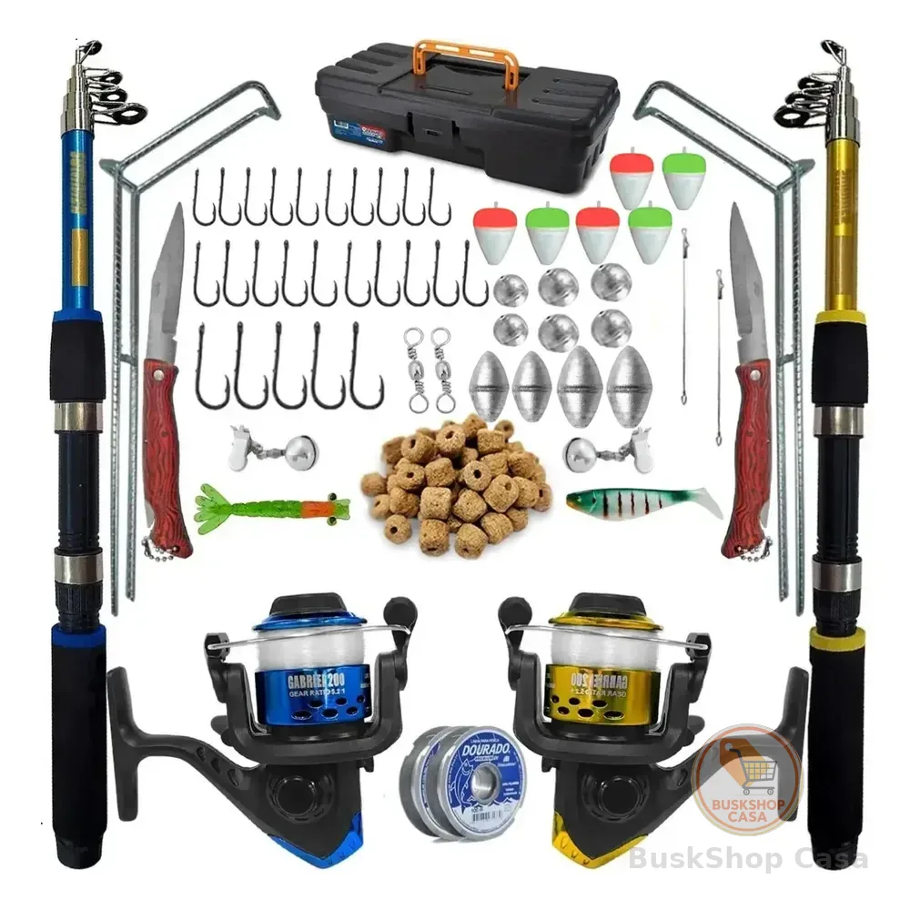 Kit Vara De Pesca Telescópica Summer 1,70m Fibra Vidro 2 Molinetes Preto