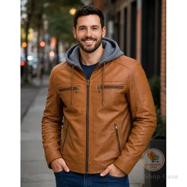 Jaqueta De Couro Masculina Preta Marrom Motoqueiro Com Capuz