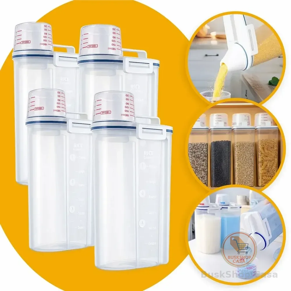 Conjunto 4 Potes Herméticos 2,5 Litros Multiuso Dispenser De Armazenamento De Grãos Cereais Ração Sabão Com Copo Medidor E Bico Dosador Com Travas Dispenser Alimento 2,5 Litros Drop Shopy Incolor