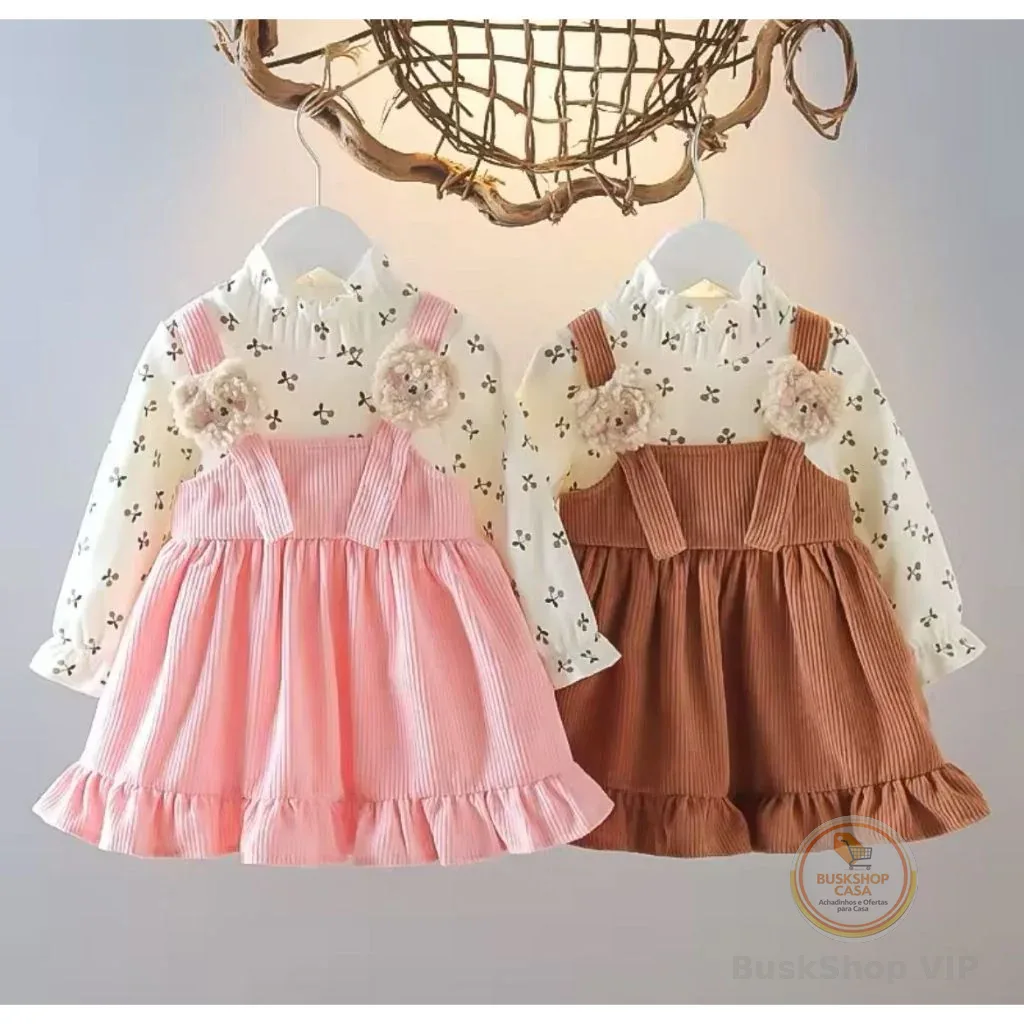 Vestido floral manga comprida feminino, urso adorável, estilo pulseira de veludo, roupa bonita com fotografia, criança,
