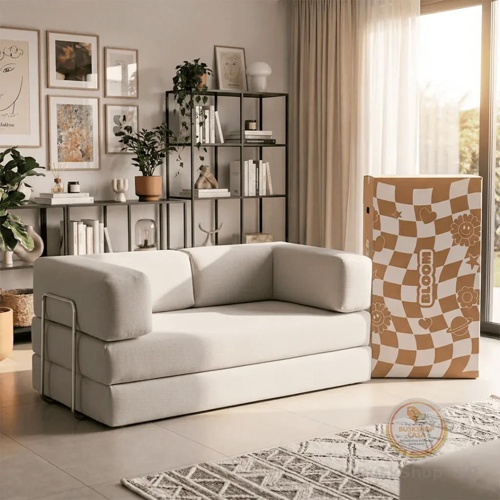 Sofá Cama Casal 2 lugares Boucle e Cotele Bloom 1,90m - Com Haste Inox Sofá na Caixa
