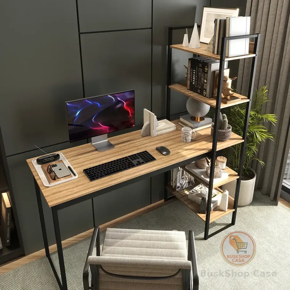 Mesa Escrivaninha Industrial Laminado Com Preto 5 Prateleiras Design Moderno Modelo Para Home Office Mod: Athenas Shoop