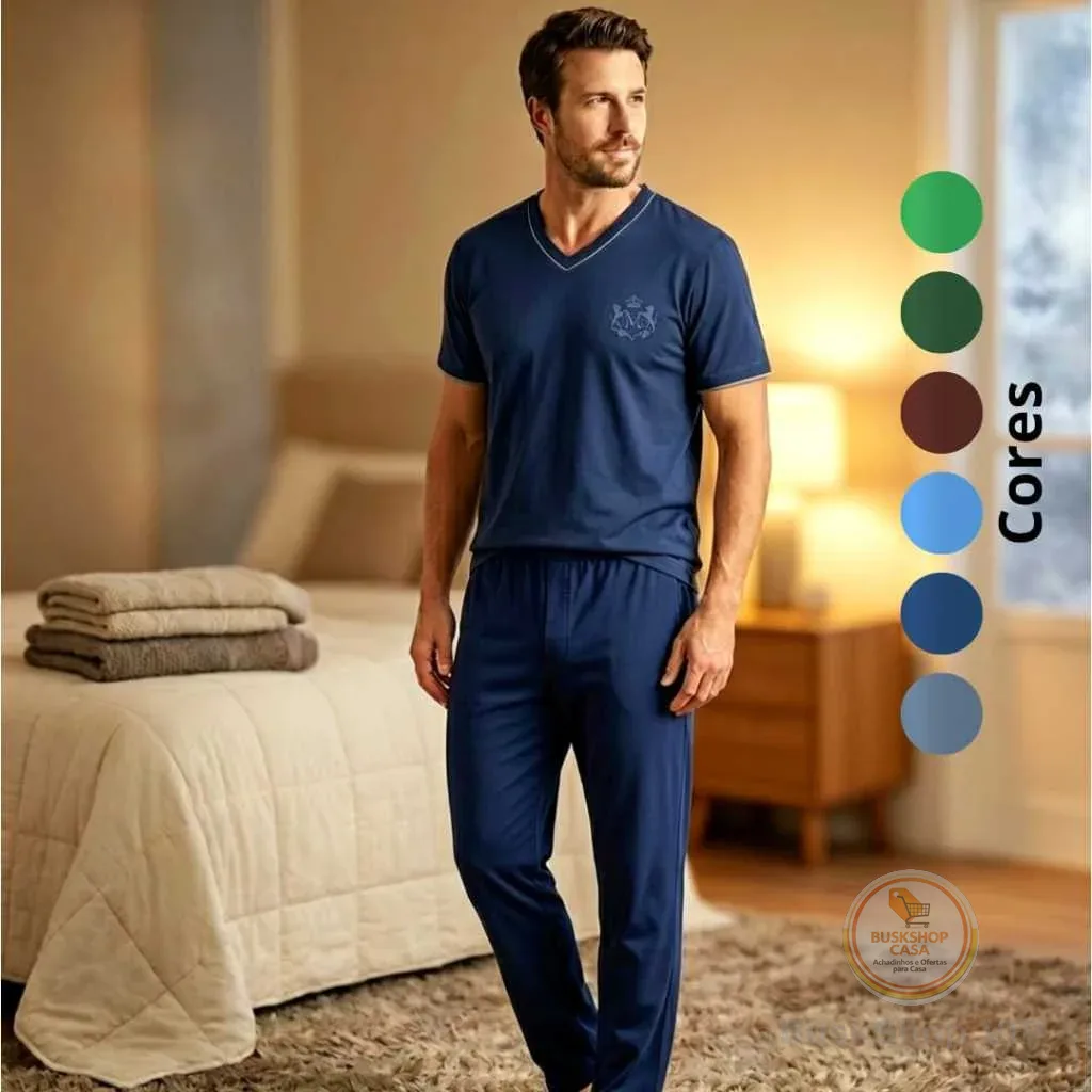 Pijama Masculino Longo Inverno/Verão Calça Comprida e Camiseta Gola V Confortável Ref 091