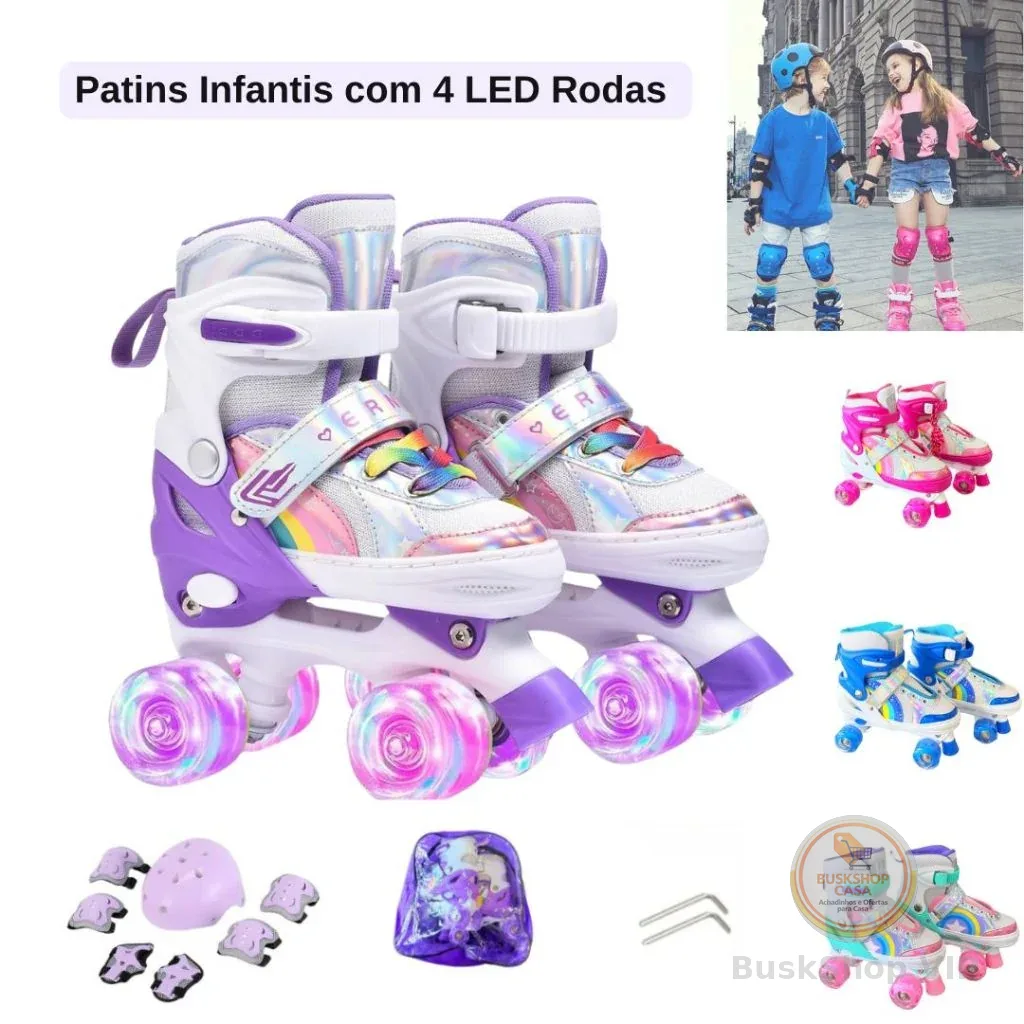 ‌Patins Infantis com 4 Rodas Brilhantes‌ ajustáveis com velcro, seguros e chamativos Presentes
