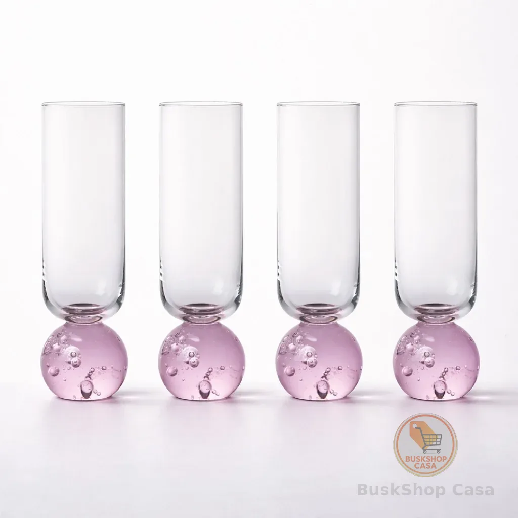 Kit com 4 taça de vidro com base rosa bubble glass esfera 250ml