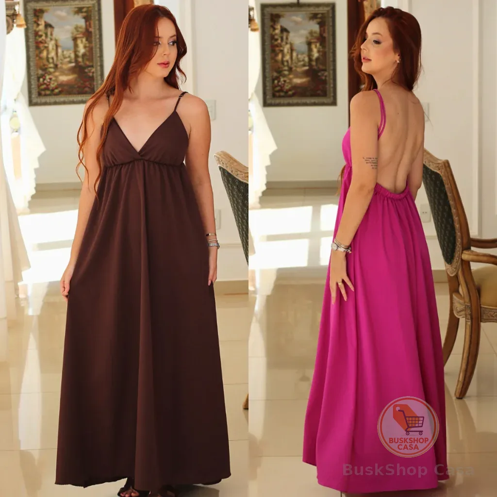 Vestido Feminino Soltinho Longo Costa Nua Decote Alças Finas Brisa Original