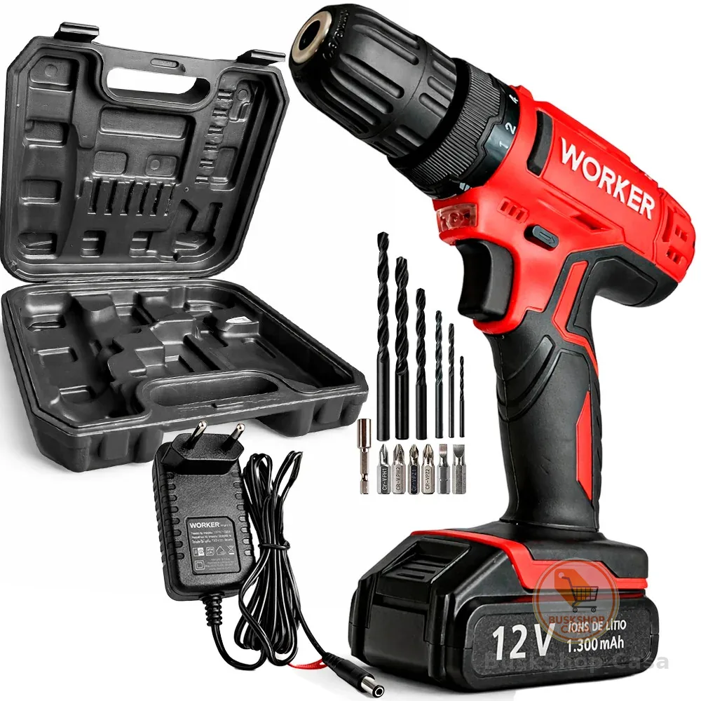 Parafusadeira Furadeira a Bateria 12V Bivolt PFW120 Com Maleta e 13 Acessórios Worker