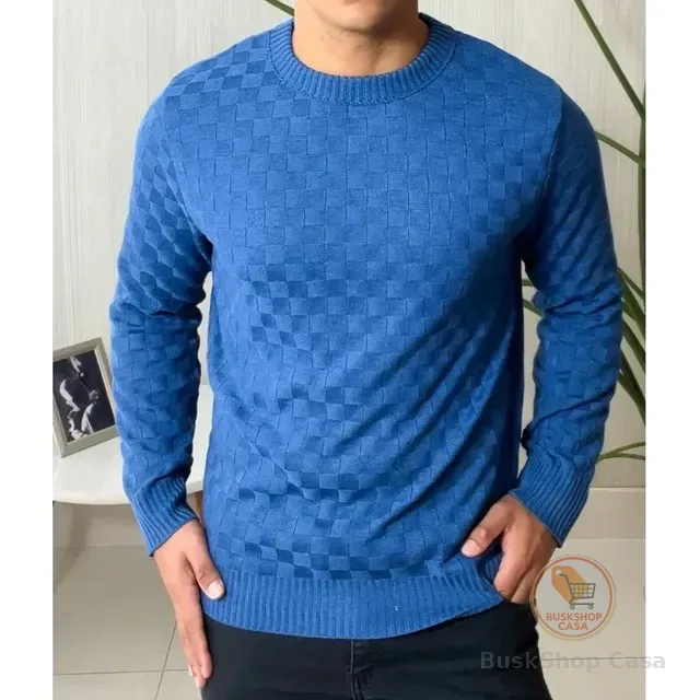 Suéter Masculino Lã Tricot Manga Longa Xadrez Blusa De Frio