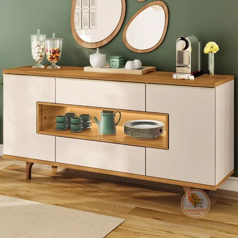 Buffet Aparador 160cm Com Led 3 Portas Murano Off/cinamomo Off/cina