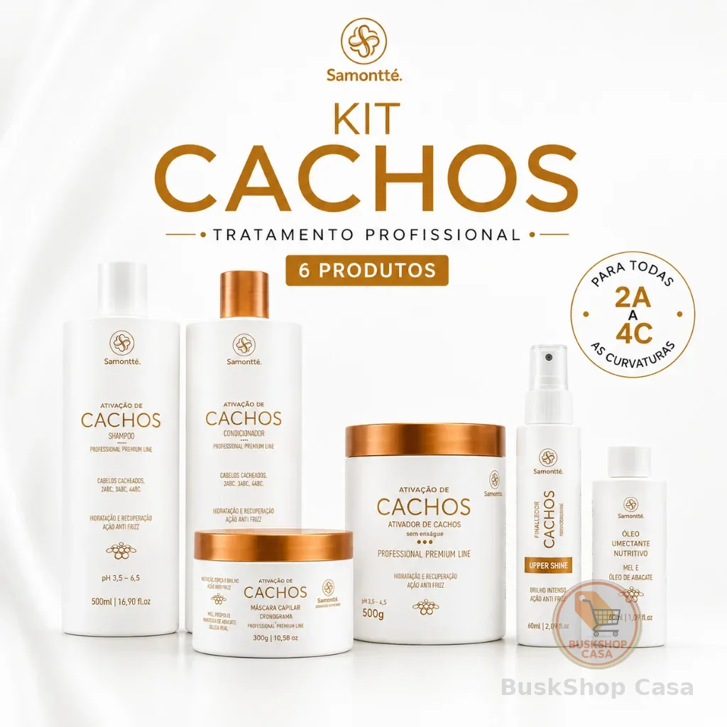 Kit Cachos Profissional S’amontté 6 Itens Ativador 500g Hidratação Nutrição Anti Frizz Curly 2A a 4C