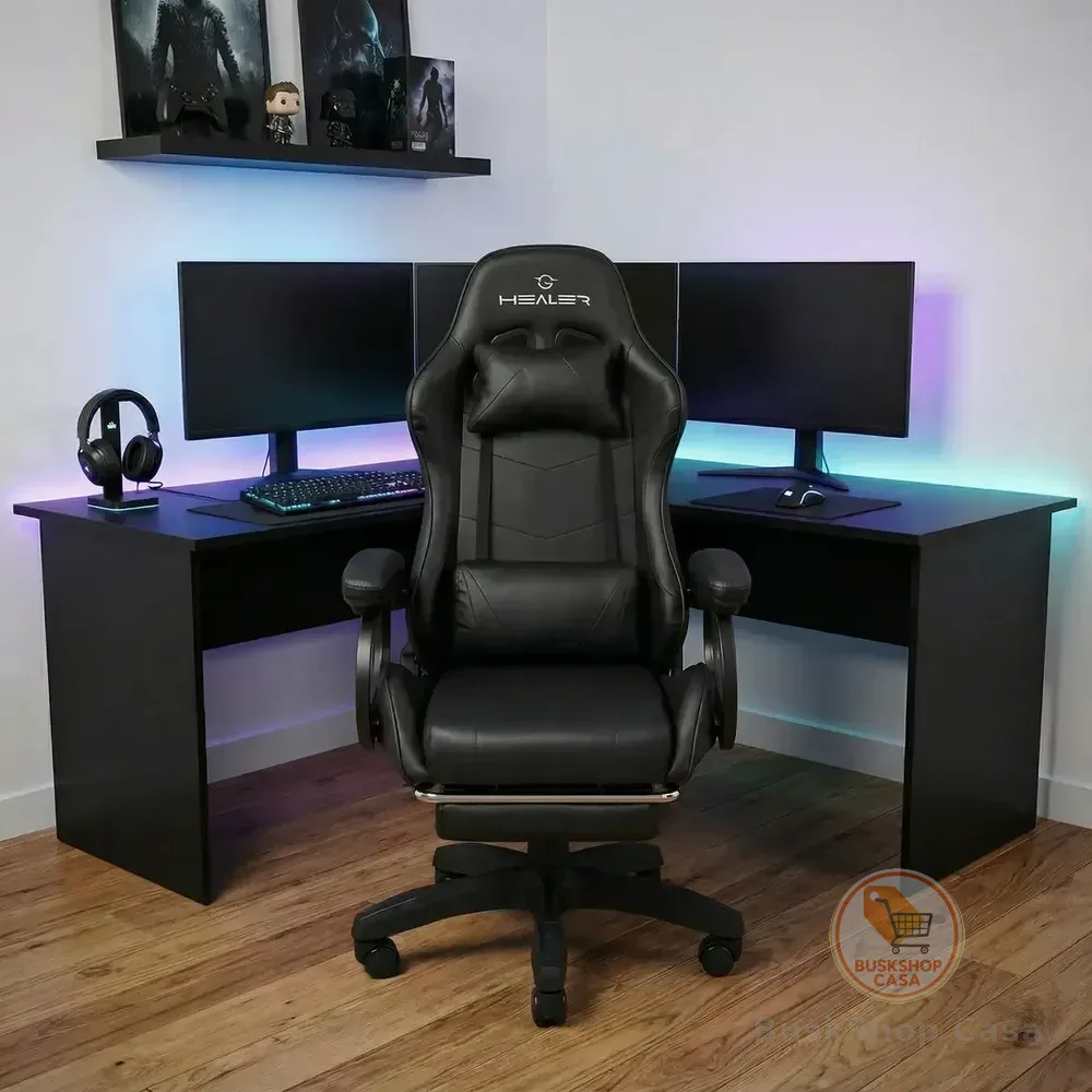 Cadeira Gamer Com Apoio De Pés Level Preta Healer Preto Couro Sintético