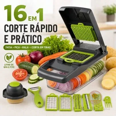 Cortador Fatiador Ralador De Legumes Frutas 16 Peças Inox Picador de Vegetais com Recipiente | Ralador de Queijo, Fatiador de Salada Cortador de Repolho Cortador de Batata Palito em Aço Inoxidável Adequado para Vegetais Cebolas Batatas Frutas Utensílios de Cozinha Manuais